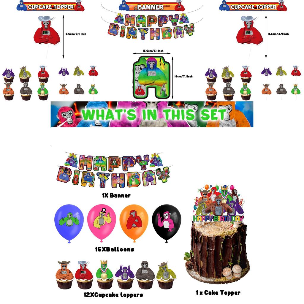 Gorilla Tag Birthday Party Decoration Set Spiral Balloon Arrangement With Cake Topper And Flag