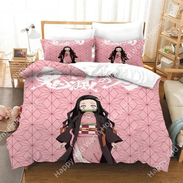 Anime Demon Slayer Beding Set Nezuko Kamado Soft Duvet Cover Warm Comforter Bed Linen Single Twin Ful Quen Sized Dimensions 3d Girl Young Boys Gift