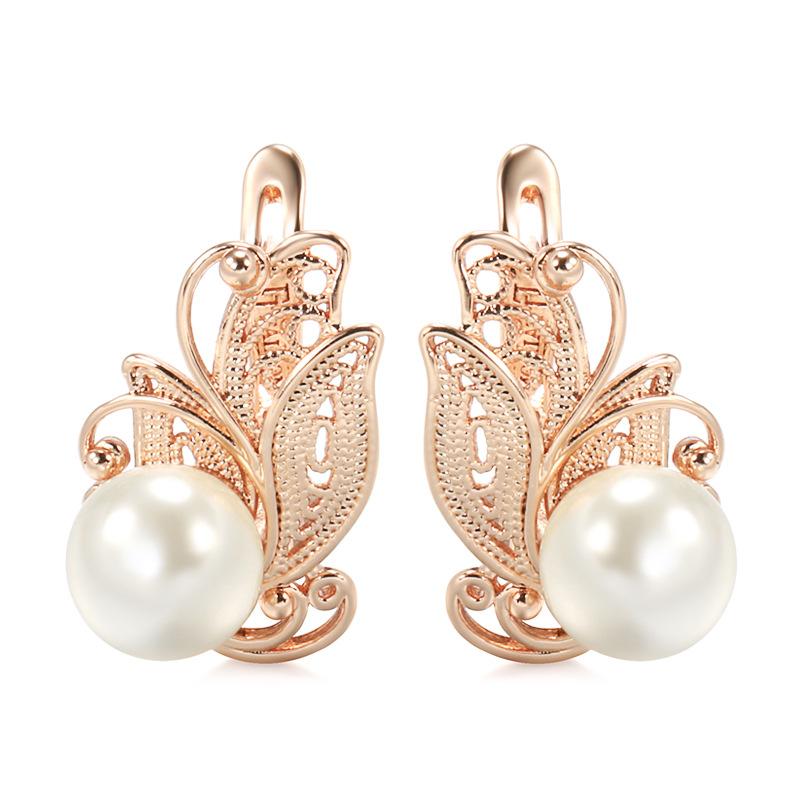 FJ Damen-Schönheits-Ohrringe aus 585er-Roségold, gemischte Weißgoldfarbe, künstlicher Perlenschmuck, kubischer Zirkon, Blumen-Ohrringe