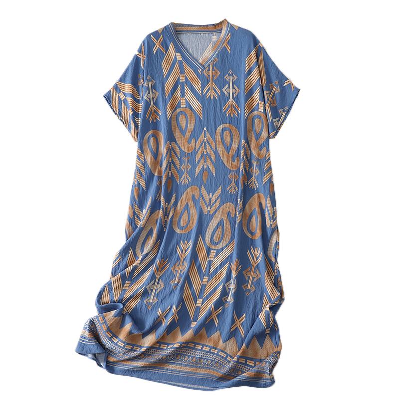 Short Sleeve Plus Size Cotton Vintage Floral New In Dresses for Women Casual Loose Long Summer Dress