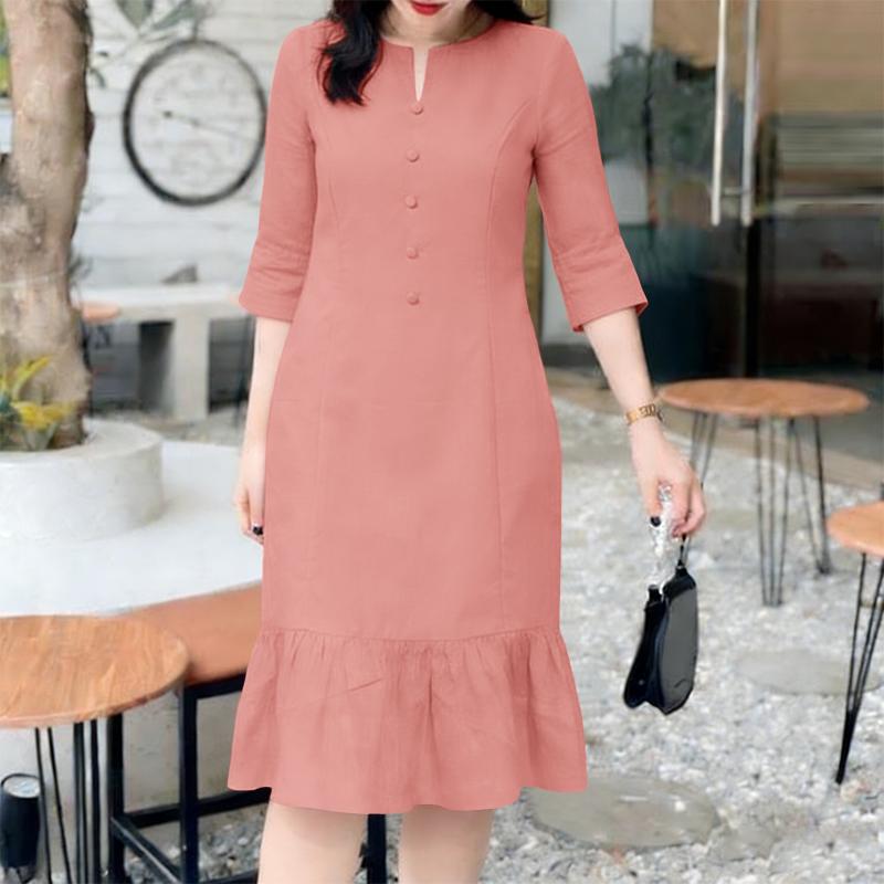 

ZANZEA Женское повседневное платье с V-образным вырезом, однотонное, летнее, с рукавом 3/4 S розовый