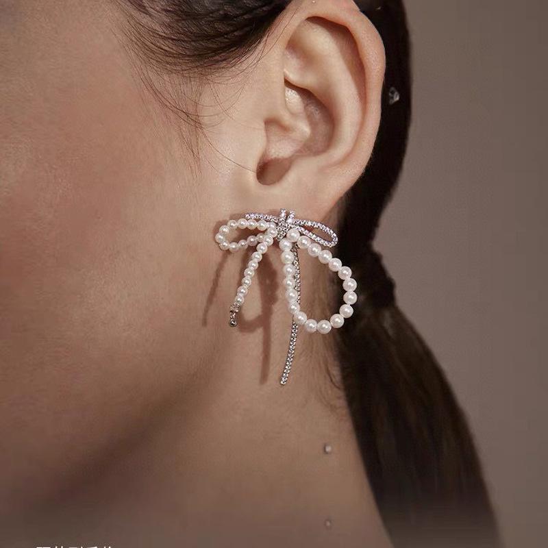Hejia Exaggerated Ribbon Pearl Line Sterling Silver Earrings for Women - Korean Style Luxury