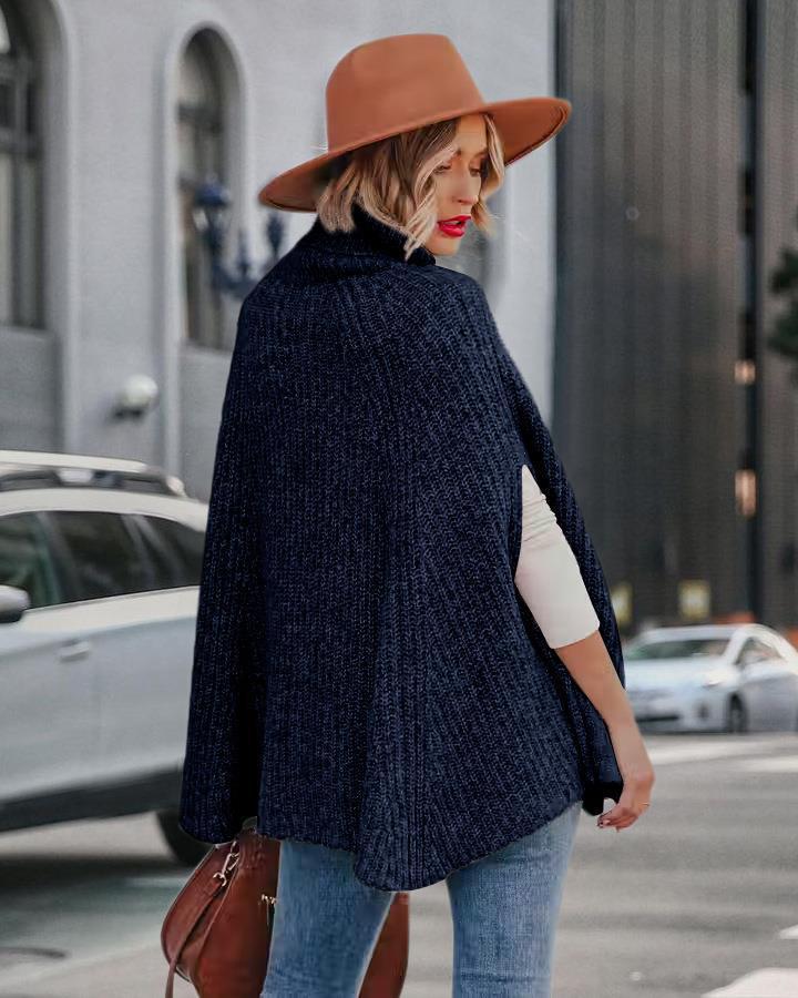 2025 Autumn/Winter Women's High Neck Loose Fashion Cape Sweater - Solid Color