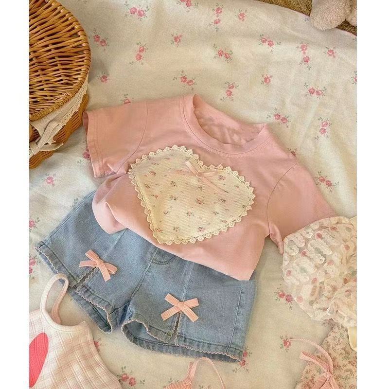 Girls Summer Fashion Set Pink Bow Short Sleeve Top And Denim Shorts Two Piece Outfit For Kids Casual Trendy Clothing
