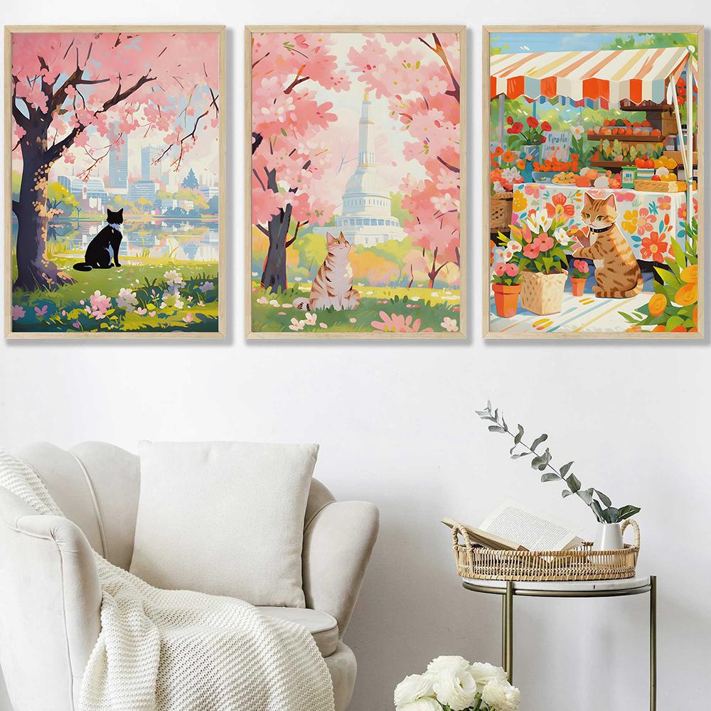 Tabby Cat Flower Market Posters and Prints Canvas Painting Cherry Blossoms Wall Art Pictures for Living Room Home Decor Cuadros