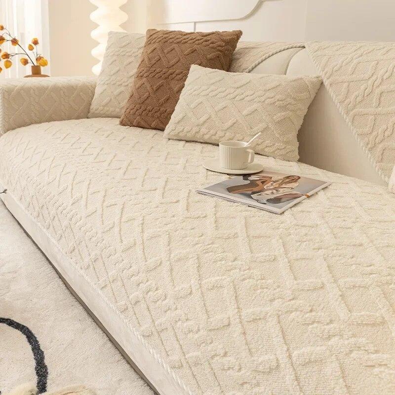 Sofa Protector Home Decor Fleece Sofa Cover for Winter Sofa Seat Slipcovers Solid Color Plush Jacquard Housse Canape Dangle