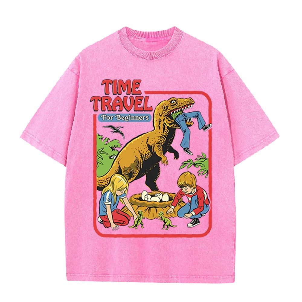 2026 Vintage Washed Beige Retro Dinosaur Kids Cartoon Graphic T Shirt Time Travel Animal Print Oversized Unisex Casual Short Sle