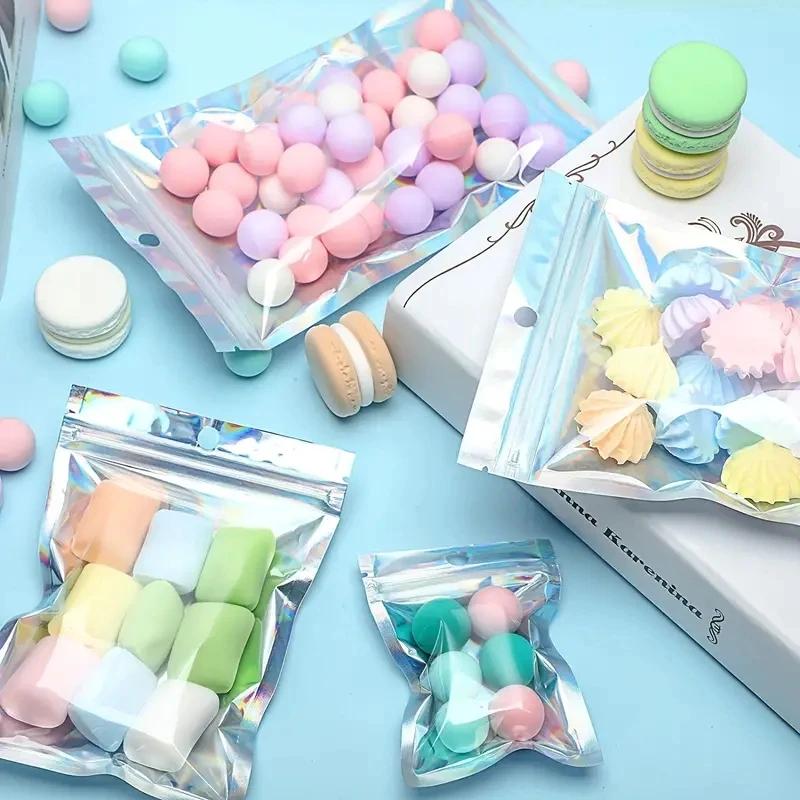 50pcs Smell Proof Mylar Bags Holographic Laser Color Plastic Pouch Candy Suger Tea Jewelry Beauty Retail Storage Party Gift Zip Lock Bag