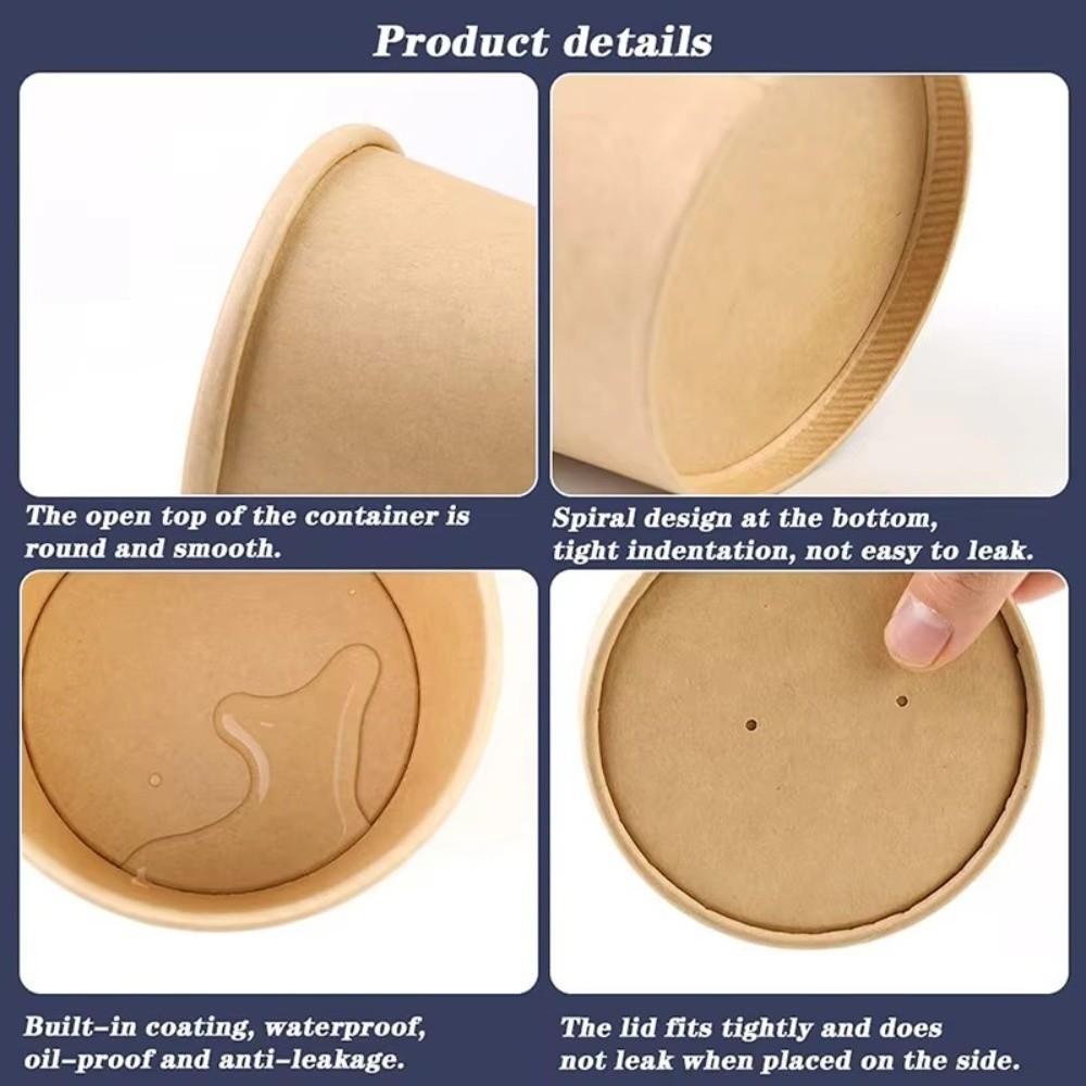 10PCS Disposable Takeaway Packing Boxes with Lid Round Paper Soup Bucket Kraft Paper Lunch Box