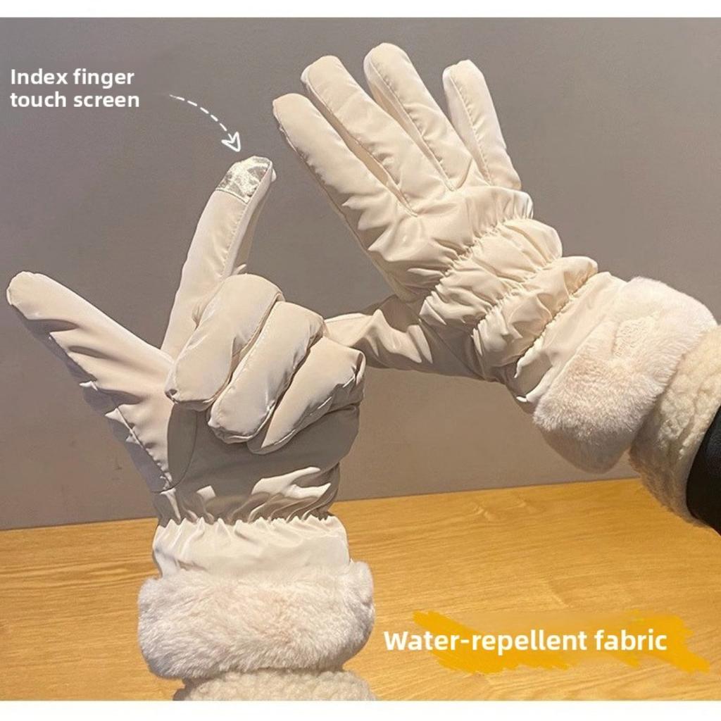 Winter Warm Gloves Touch Screen Women's Thick Cotton Down Riding Cute and Windproof Skiing Gloves with Velvet