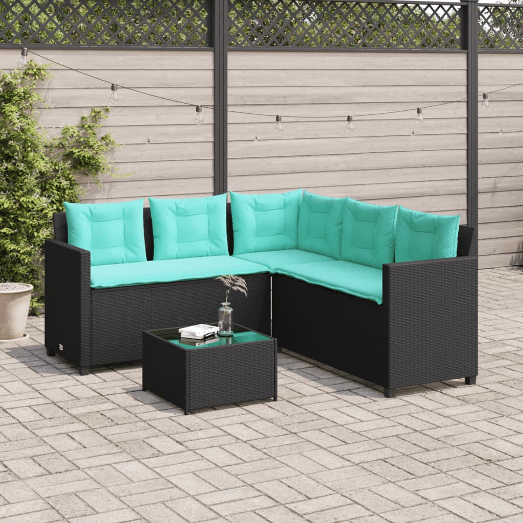 L Shaped Garden Sofa Set with Table and Cushions Black Poly Rattan
