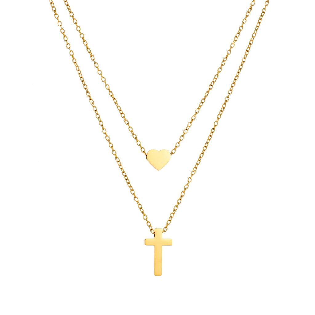 316L Stainless Steel Double Layer Cross Heart Pendant Collarbone Necklaces For Women Creative Fashion New Jewelry Party Gift