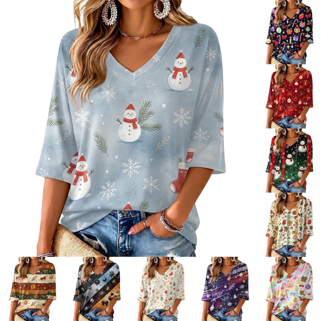 Women's Casual V-Neck Christmas Print Three-Quarter Sleeve Top for Holiday and Everyday Wear