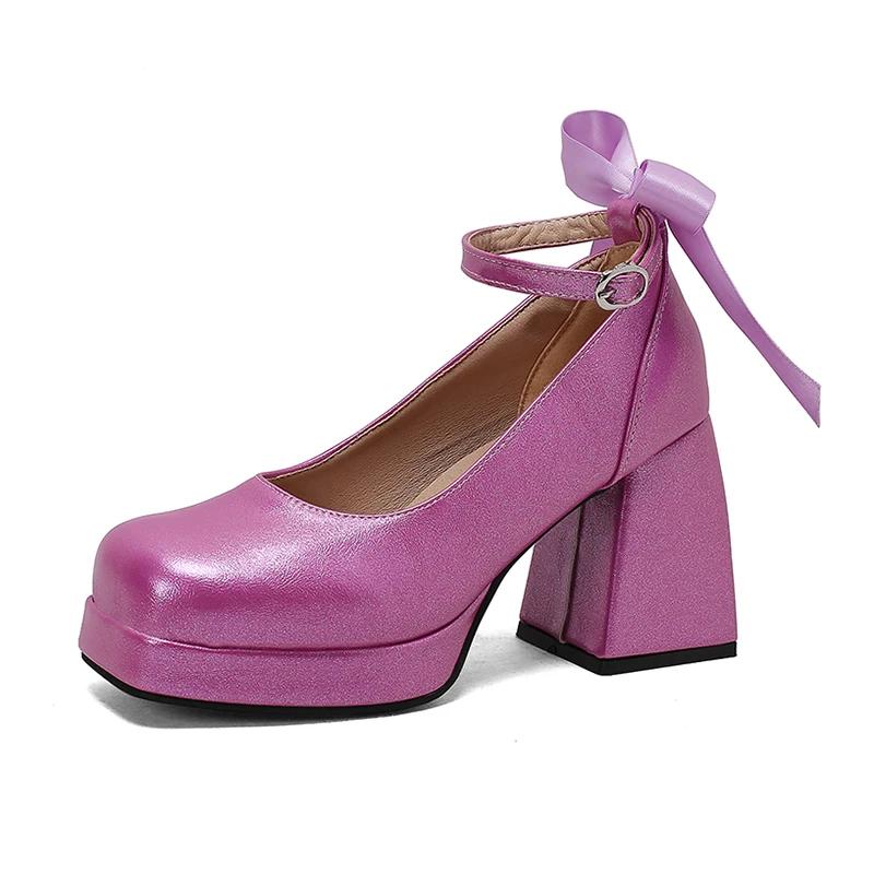 

Батал Размеры 2025 Весна Новые Туфли-лодочки на Сладком Каблуке с Бабочкой, Квадратный Носок, Платформа, Ремешок на Щиколотке, Глубокий Вырез 39