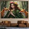 2D Fantasy Nature Backdrop Forest Goddess with Red Foxes Photo Background