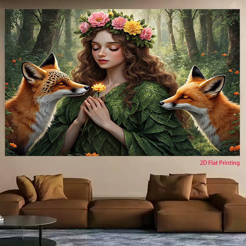 2D Fantasy Nature Backdrop Forest Goddess with Red Foxes Photo Background