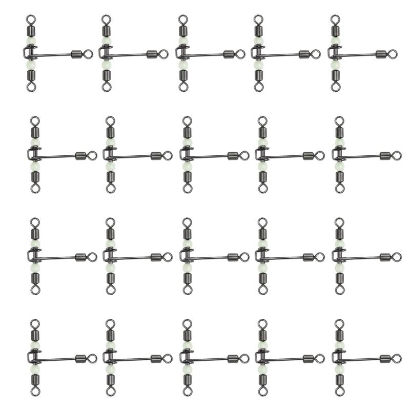 20Pcs Fishing Swivels Line 3 Way Swivels with Glow Bead for Saltwater Fishing Rolling Swivels