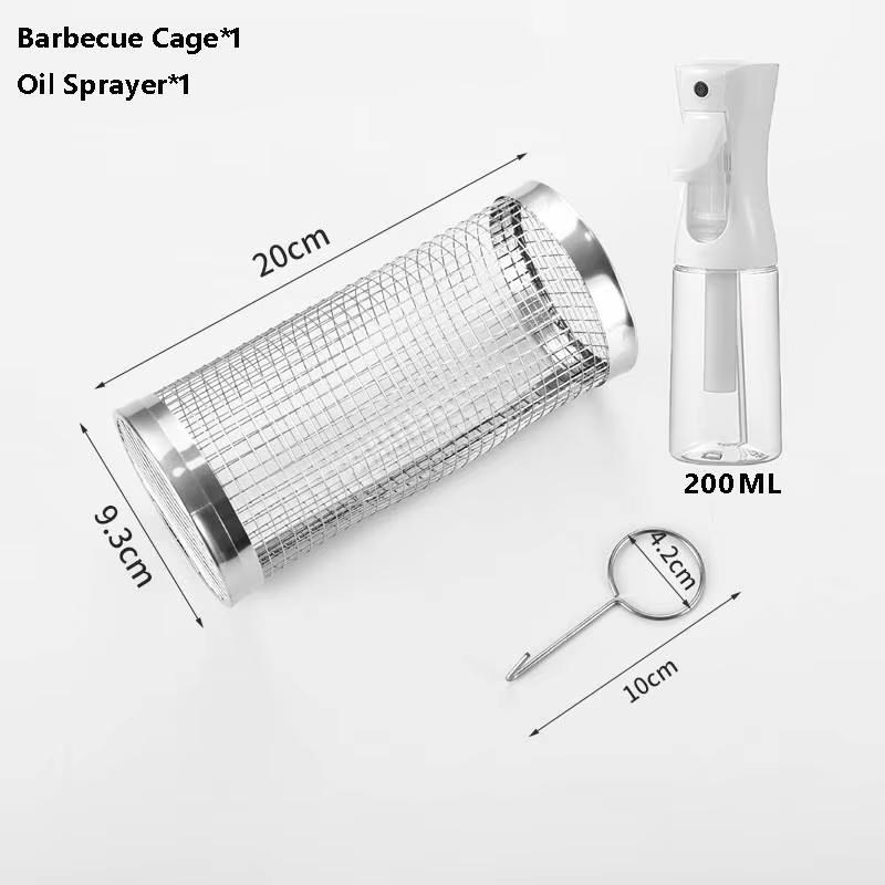 Rolling Grill Basket BBQ Mesh Tube Removable Wooden Handle Stainless Steel Round Mesh Cage Outdoor Camping Cooking Tools