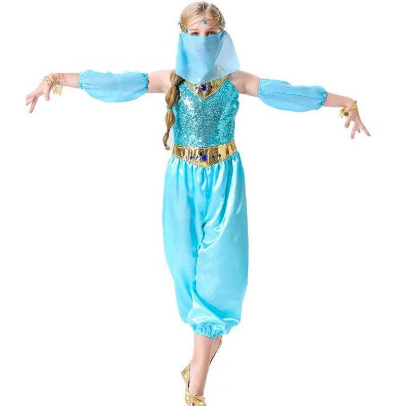 Halloween Green Arabic Girl Costume Children Belly Dance Indian Dance with Veil Princess Dress Full Set