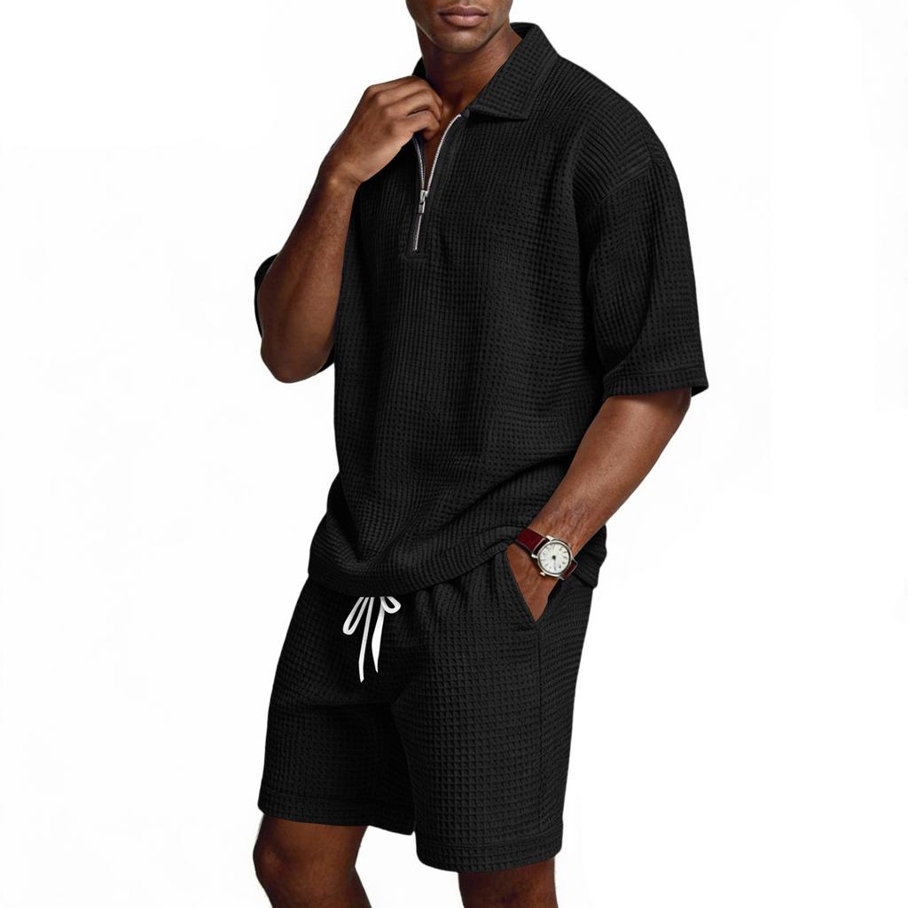 Men's Summer -color Quarter-zip Casual Loose Short-sleeved Short Pants Set