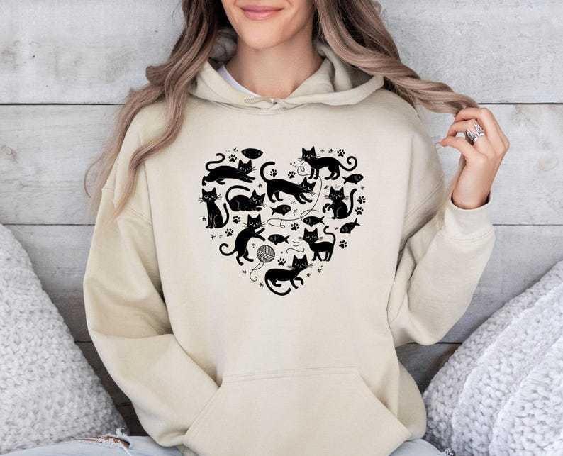 Autumn And Winter, Cat Love Pattern, Printed Long-Sleeved Top, Trendy Fashion Women'S Hooded Sweater