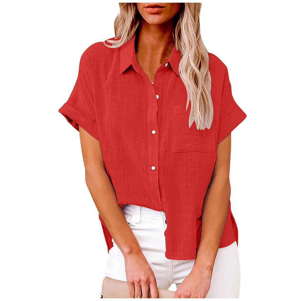 Summer Solid Color Single Breasted Shirt Women's Casual Lapel Short Sleeve Loose Blouse Top