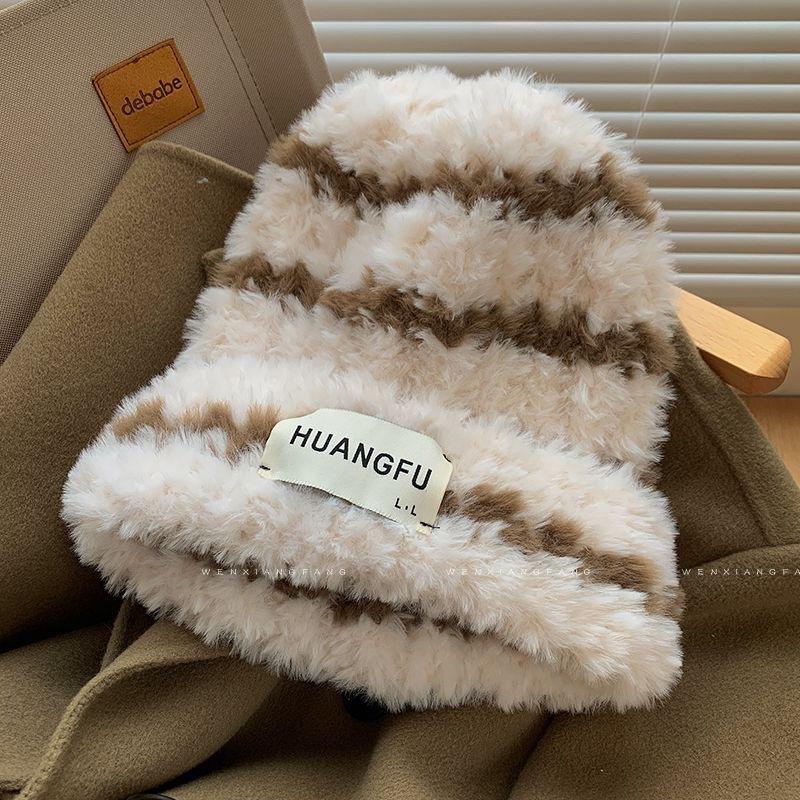 Winter Knitted Wool Versatile Plush Striped Fisherman Hat Children Thickened Warm Ear Protectors Internet celebrity Hairy Basin Hat