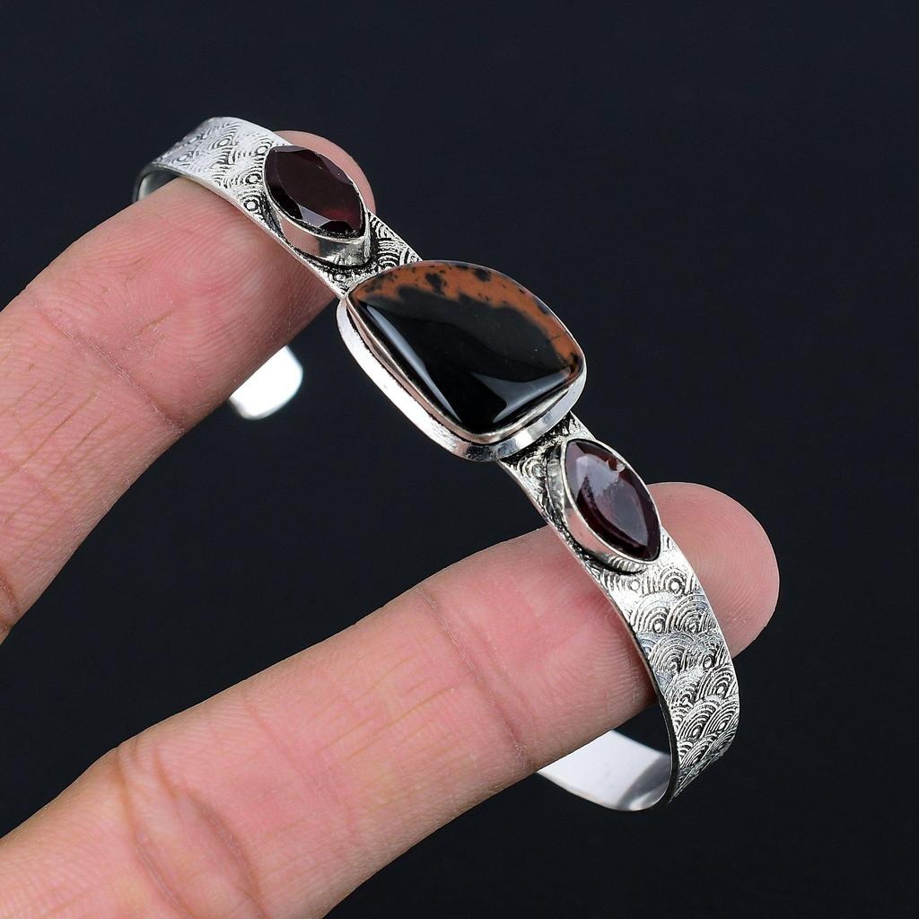 Trillion Mahogany Obsidian Gemstone Garnet Wife Bangle Jewelry Sterling Silver