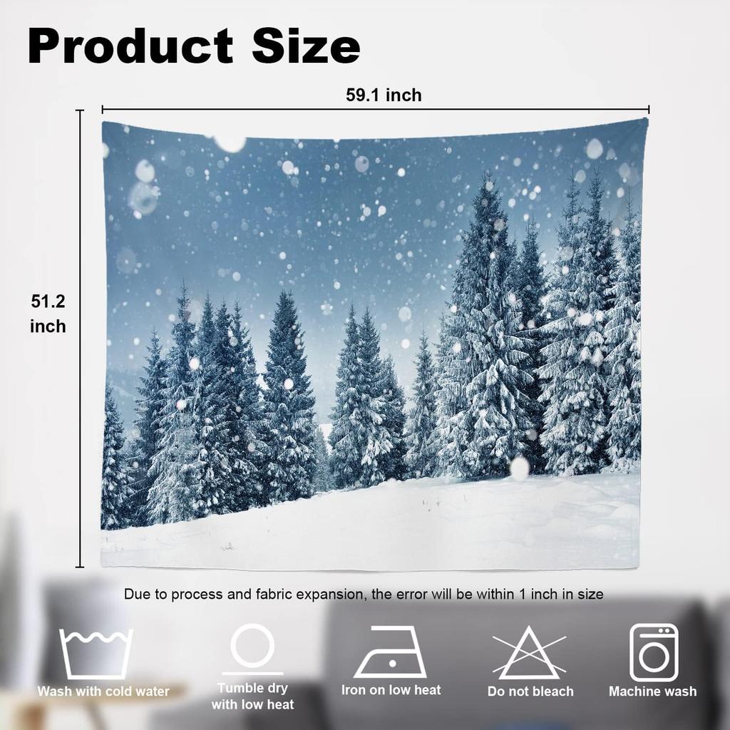 White Snow Wall Tapestry, Grey Wall Hanging Large Tapestry Decoration Polyester Fiber White Hem Around for Dorm Room Bedroom