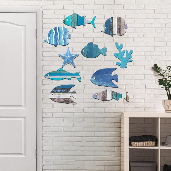 10 Pcs Summer Coastal Fish Wall Decor Vintage Farmhouse Ocean Fish Wall Art Nautical Beach Theme Hanging Decoration