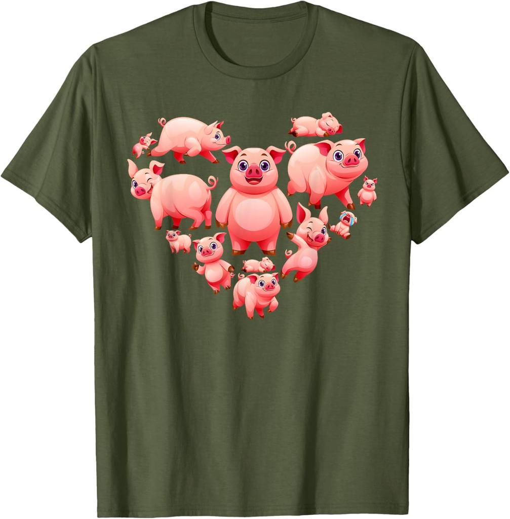 Pigs Heart Shape Cute Love Hog Swine Graphic T-Shirt Cotton Casual Short Sleeve Tee