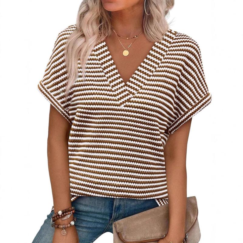 2026 Loose Women's Casual Striped Textured Short-Sleeve Summer New V-Neck Knit T-Shirt Women's Clothing