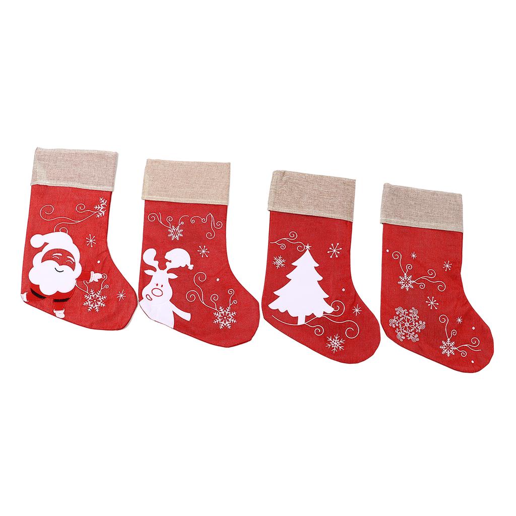 Christmas Stocking Decorative Cartoon Pattern Cuff Stocking Ornament for Tree Stairs Fireplace Red 4pcs