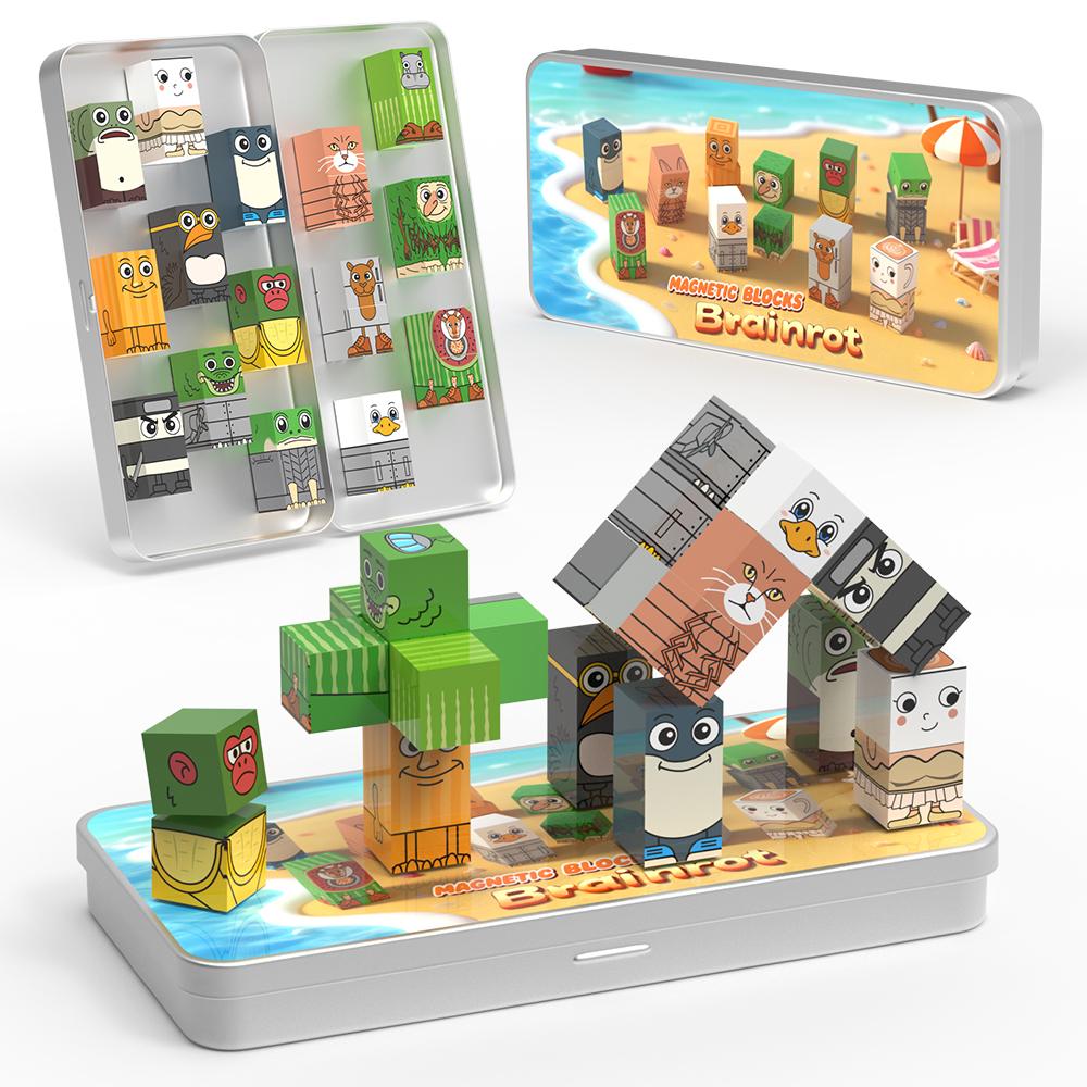 Italian Brainrot Mini Magnetic Blocks with Portable Iron Box, Tralalero Tralala Figures Travel Magnetic Building Blocks