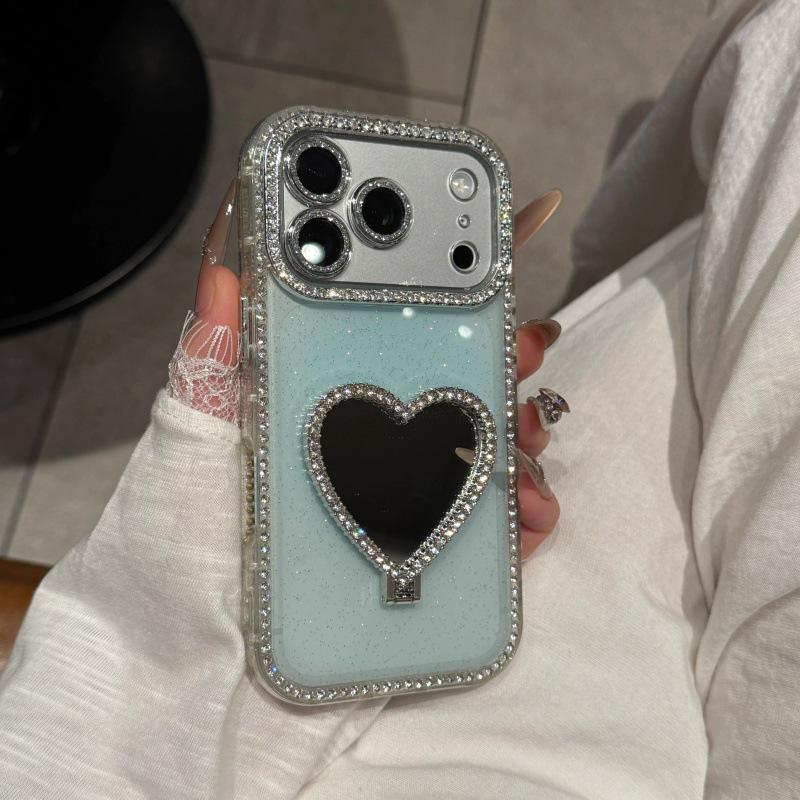 Heart-Shaped Mirror Bracket for iPhone 14-17 Pro Cases with Side Drill and Glitter