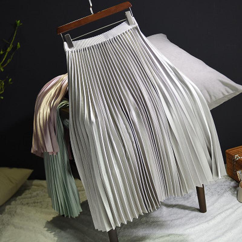 Dámská dlouhá sukně, japonská metalická saténová skládaná sukně s organovým vzorem, vysoký elastický pas, střední délky