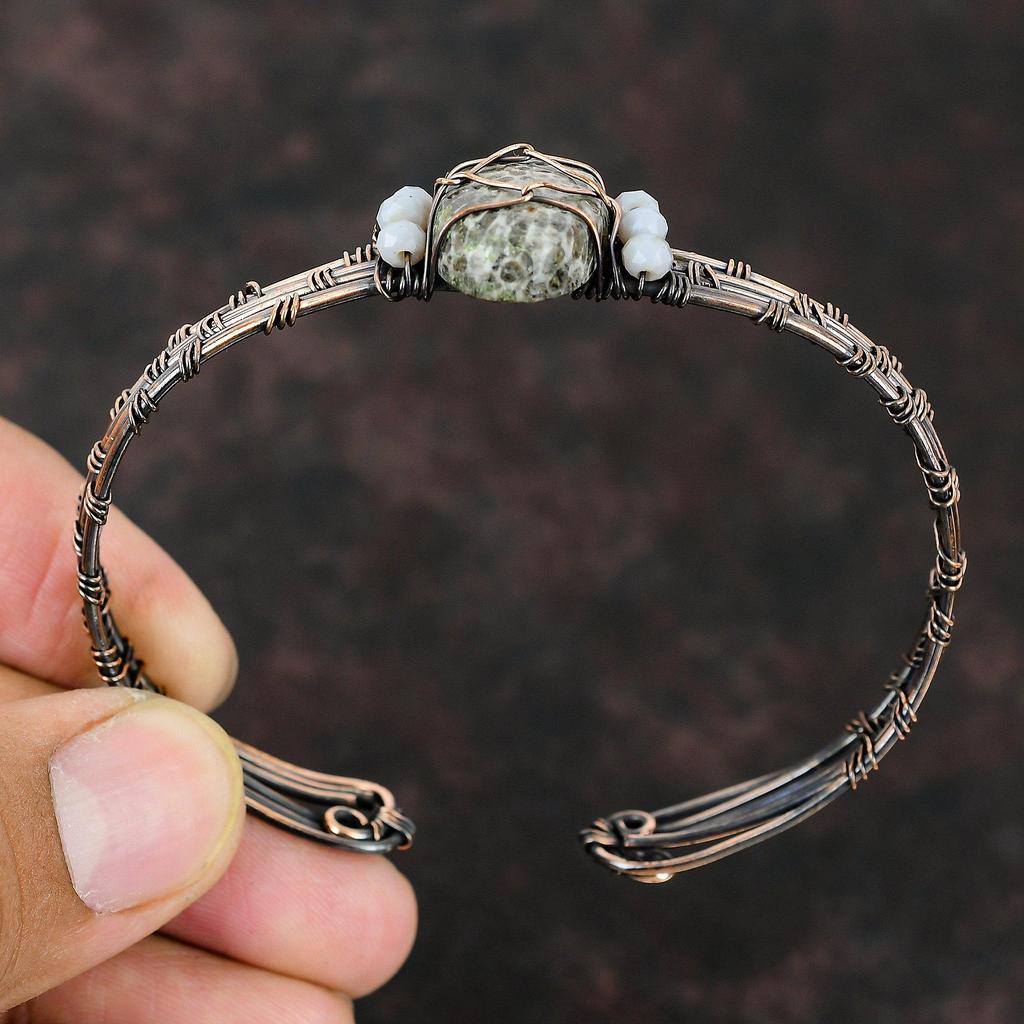 Wire Wrapped Stingray Coral Cuff Bracelet Blue Lace Agate Beads Bangle Copper Wire Wrapped Handmade Jewelry Adjustable Bangle Gift For Her