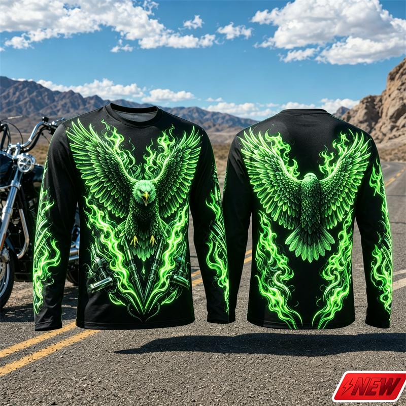 Retro Biker Style Men Long Sleeve T Shirt Eagle Fire Colorful 3D Print Gradient Pattern Tee For Biker Party Casual Street Top