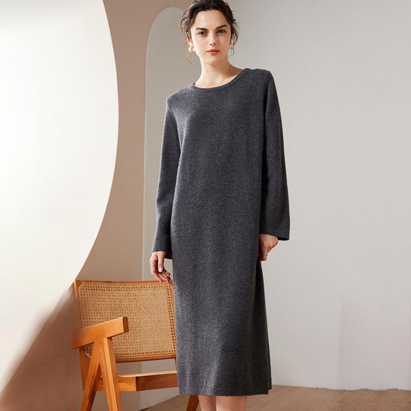 

Женское платье-свитер с круглым вырезом из чистого кашемира - корейский стиль, длинный рукав, на осень и зиму One Size