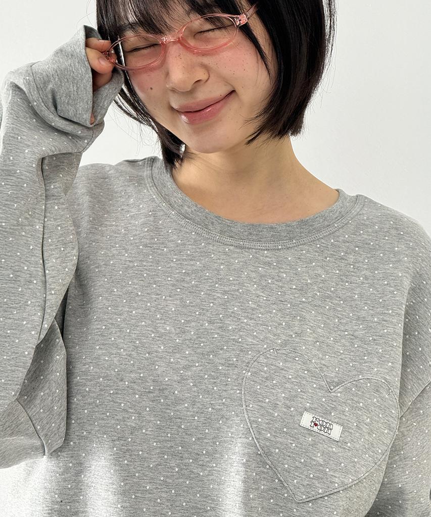 RONRON Dot Heart Pocket Over Fit Long Sleeve Gray