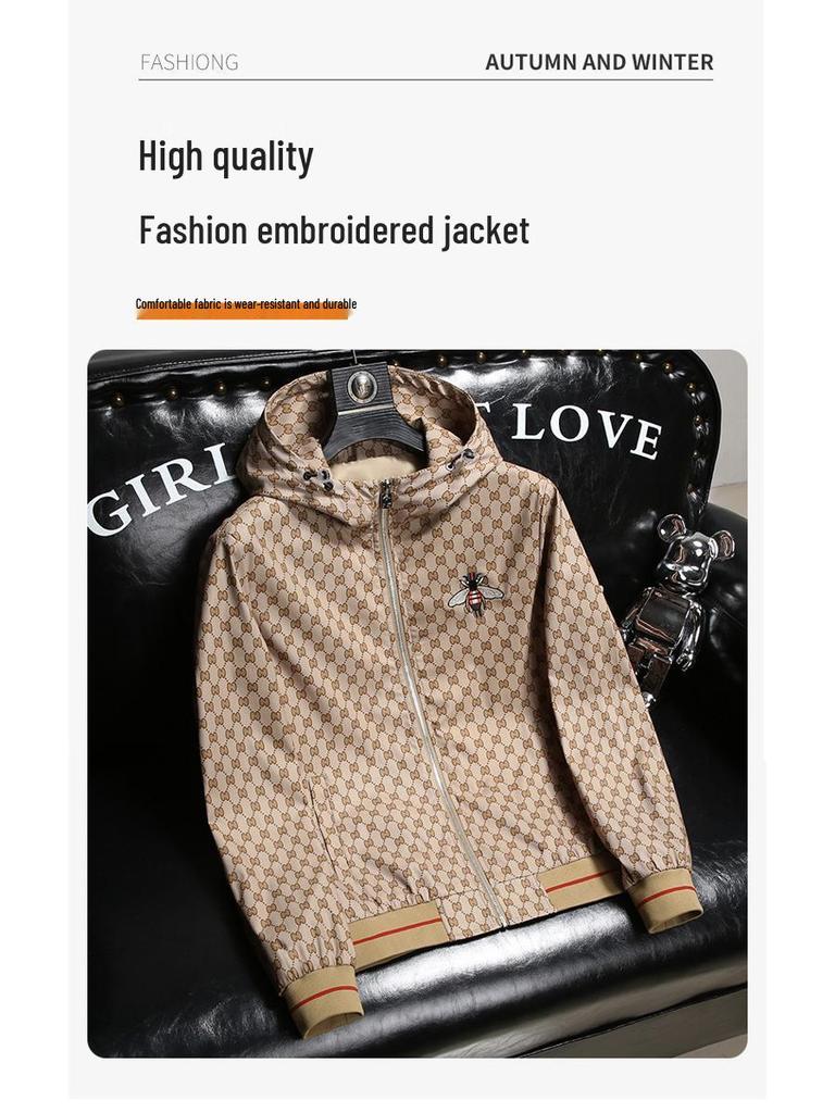 Men's Luxury European Embroidered Bee Hooded Jacket - Spring/Autumn