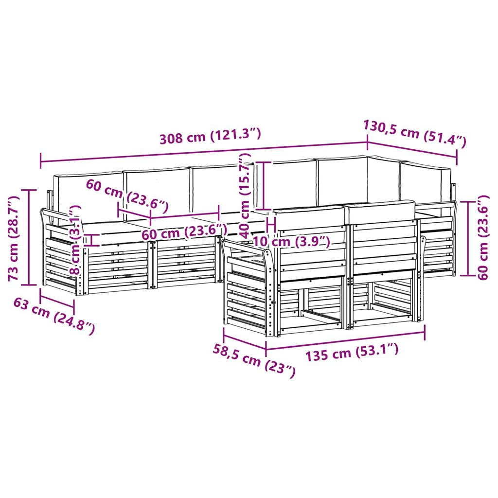 8 Piece Outdoor Sofa Set in Natural and Cream Solid Acacia Wood