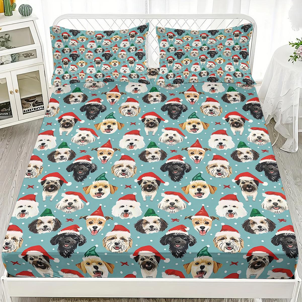 

3pcs Christmas Dog Printed Chipless Bed Sheet Set, Multi Size Soft Bed Cover Bedroom Dormitory Bedding Decoration 90x191cm