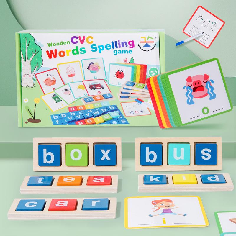 Wooden Vowel Word Blocks: Educational Spelling Game for Kindergarten