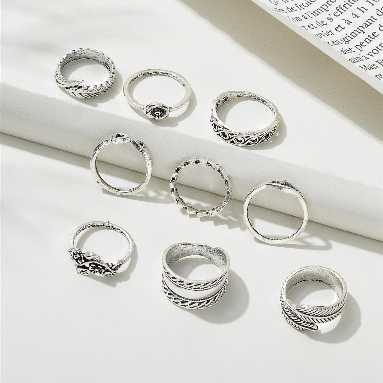 

Кольцо из 10 предметов в стиле ретро с преувеличенными драгоценными камнями и треугольными перьями, новое совместное кольцо в Европе и Америке one size серебряный