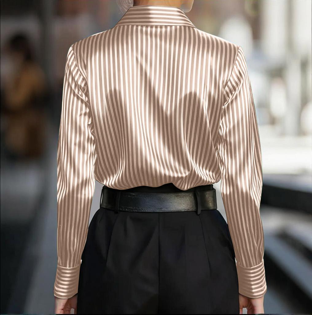 Elegant And Stylish Retro Striped Collared Long,sleeved Shirt For Women