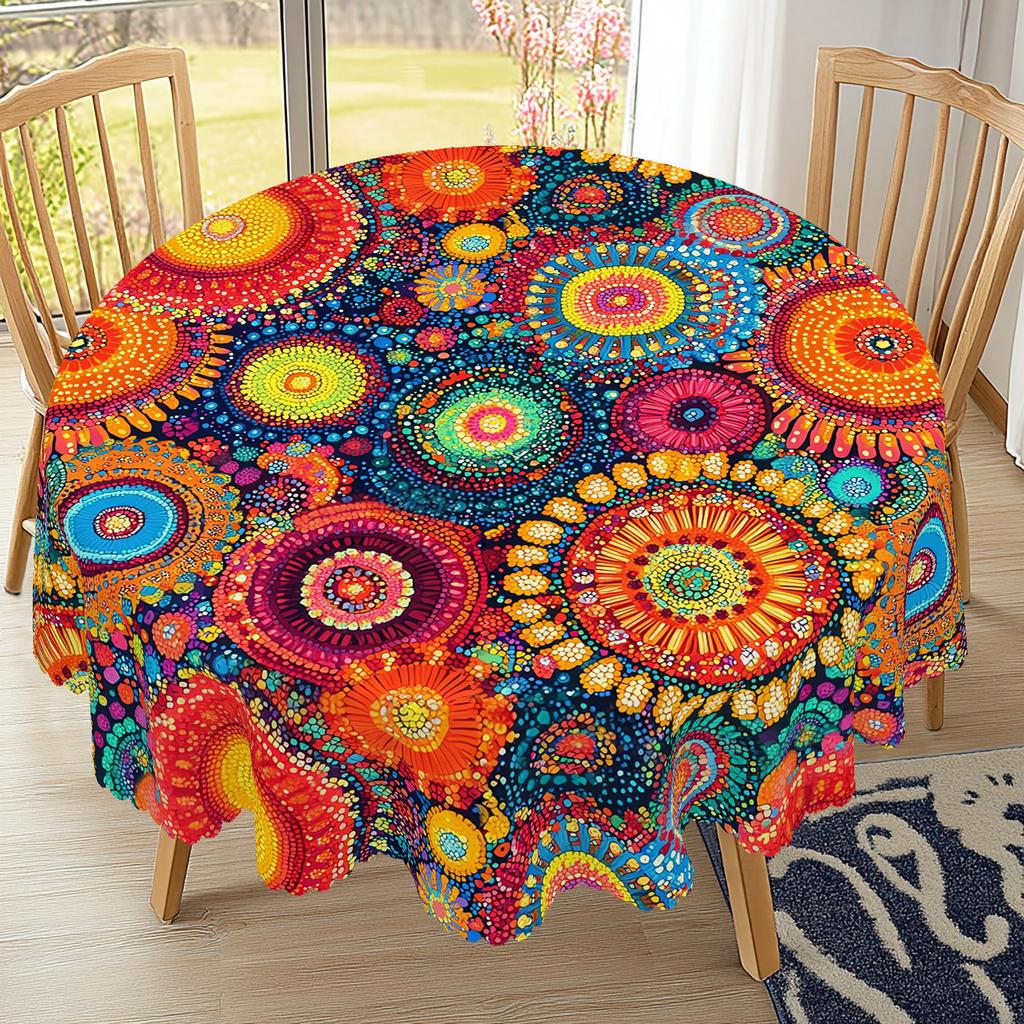 1 kus bohémského kulatého a obdélníkového ubrusu, dostupný v různých velikostech, design s potiskem puntíků, hippie kultura, karnevalová dekorace, mexický
