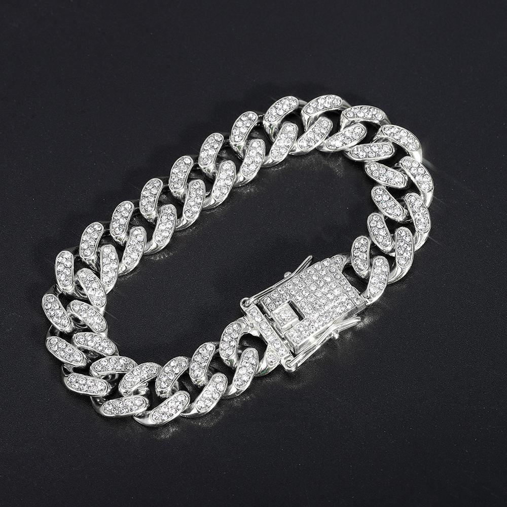 New Hip Hop Shiny Cuban Link Chain Bracelet Women Men Gold Color Rhinestone Iced Out Chain Bracelets Punk Wristband Jewelry Gift