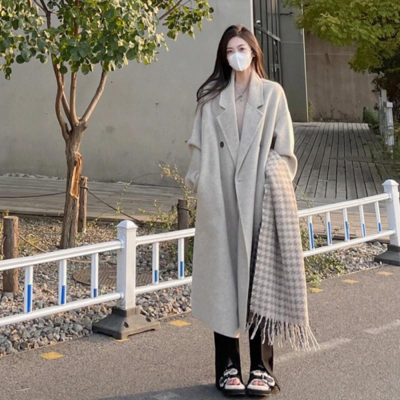 Damen Oversize Knielanger Wollmischmantel in Haferflockenfarbe Herbst Winter Leichte Schicke Oberbekleidung