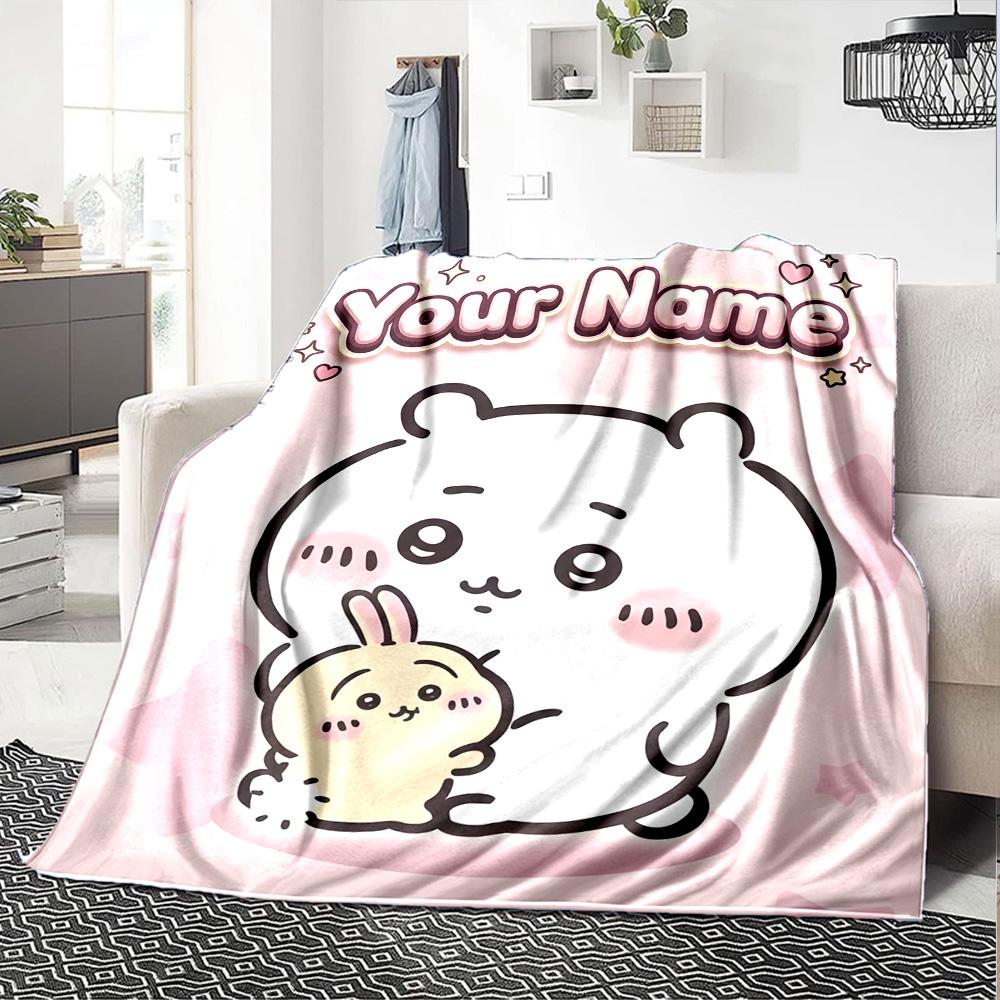 1pc Chiikawa Blanket with Custom Name, Gift, for Men and Women, Soft Blanket, Good for Sofa Bed Couch Travel, Lightweight Flannel Blanket
